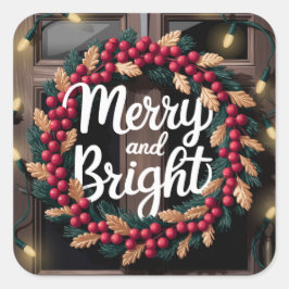 Adesivo Quadrado Feliz e Bright Red Berry Wreath Natal