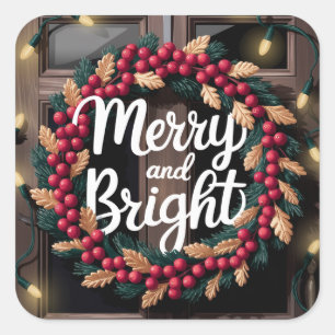 Adesivo Quadrado Feliz e Bright Red Berry Wreath Natal