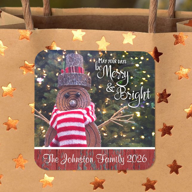 Adesivo Quadrado Feliz e Bright Rustic Snowman Nome Personalizado (Criador carregado)