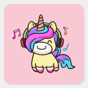 Adesivo Quadrado Feliz e sorridente unicórnio bebê com fones de ouv