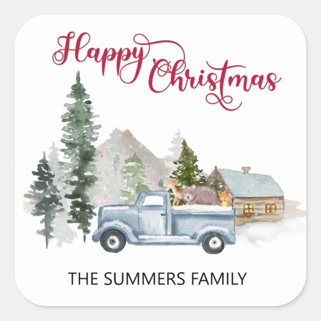 Adesivo Quadrado Feliz Envelope de Natal Florestas de Caminhão Russ (Frente)