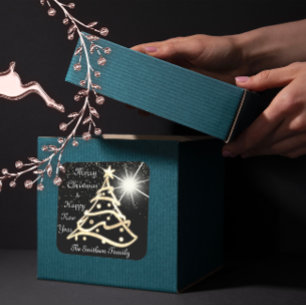 Adesivo Quadrado Feliz Feliz ano novo de Árvore de Natal Dourado P