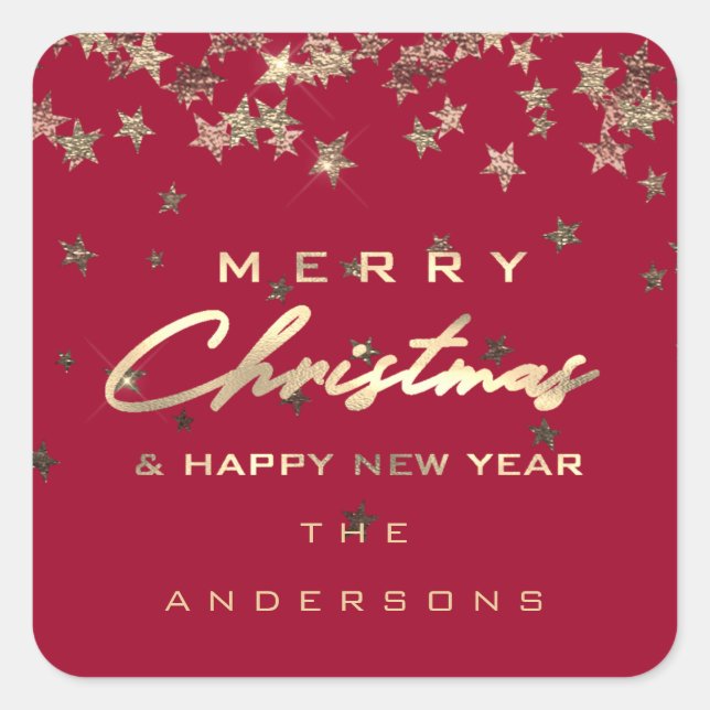 Adesivo Quadrado Feliz Feliz ano novo de Natal - Estrelas Vermelhas (Frente)