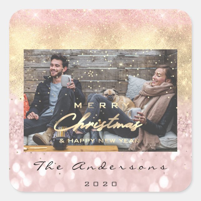Adesivo Quadrado Feliz Feliz ano novo de Natal Foto Dourada Rosa (Frente)