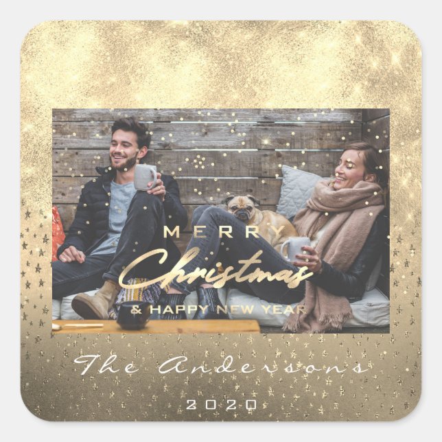 Adesivo Quadrado Feliz Feliz ano novo de Natal Stars Foto Dourada (Frente)