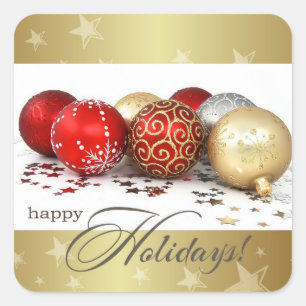 Adesivo Quadrado Feliz Férias. Natal Dourado vermelho
