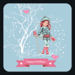 Adesivo Quadrado Feliz Férias. Young Girl Skier Christmas<br><div class="desc">Feliz Férias. Cena de Neve com uma menina design de esquiador de Natal. Cartões, favoritos para festas e presentes disponíveis na Categoria Natal e Ano Novo da nossa loja.</div>