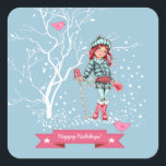 Adesivo Quadrado Feliz Férias. Young Girl Skier Christmas<br><div class="desc">Feliz Férias. Cena de Neve com uma menina design de esquiador de Natal. Cartões, favoritos para festas e presentes disponíveis na Categoria Natal e Ano Novo da nossa loja.</div>