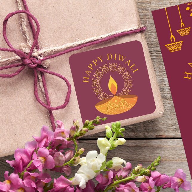 Adesivo Quadrado Feliz Festival Diwali de Luzes Diya (Criador carregado)