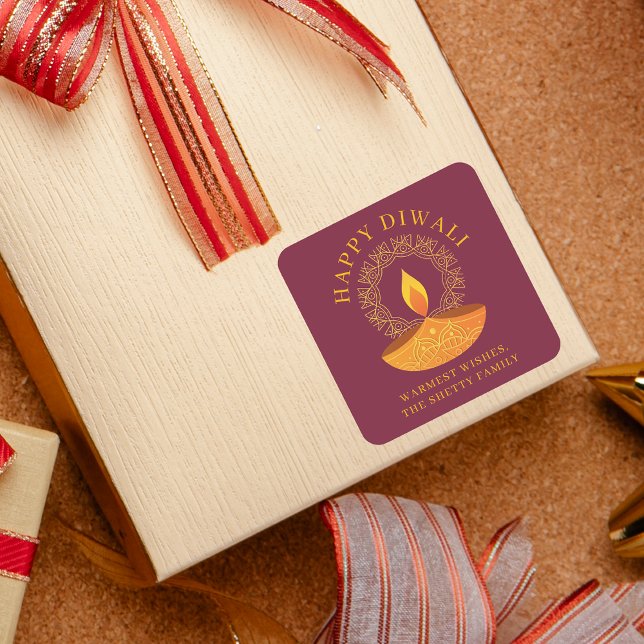 Adesivo Quadrado Feliz Festival Diwali de Luzes Diya Personalizado (Criador carregado)