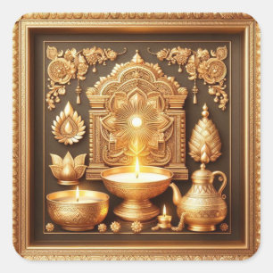 Adesivo Quadrado Feliz Festival Diwali Diya Floral Dourado