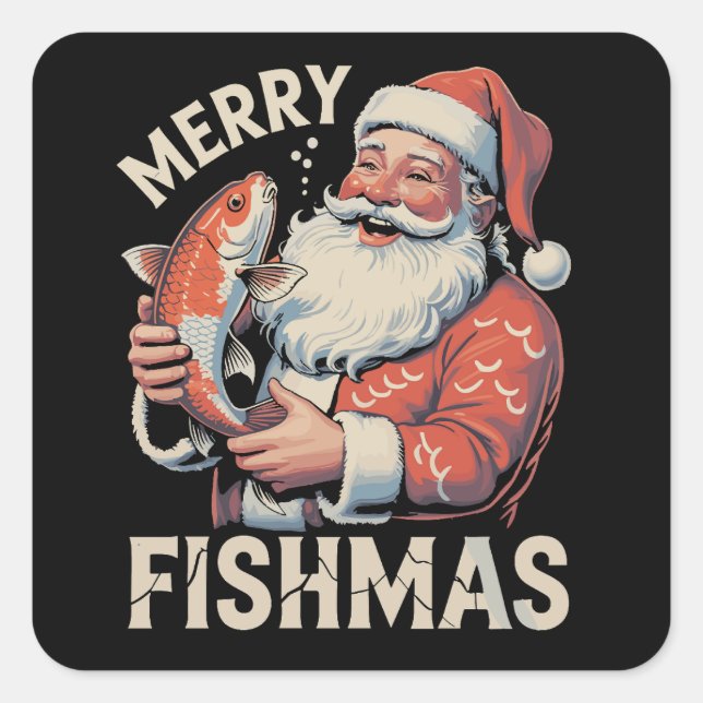 Adesivo Quadrado Feliz Fishmas Engraçado Natal Papai Noel Pesca (Frente)