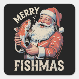 Adesivo Quadrado Feliz Fishmas Natal Divertido Papai Noel Pescaria 