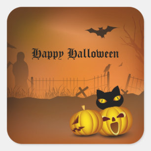 Adesivo Quadrado Feliz Gato de Abóbora Preto do Halloween