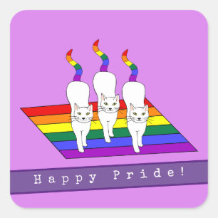 Adesivo Quadrado Feliz Gato LGBT Com Bandeira Arco-Íris