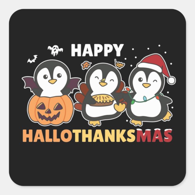 Adesivo Quadrado Feliz Hallothanksmas Pinguins Pinguins Natal Sq (Frente)