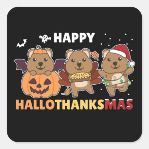 Adesivo Quadrado Feliz Hallothanksmas Quokkas Natal Quokka