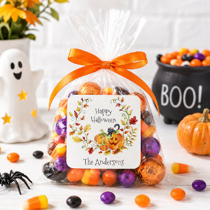 Adesivo Quadrado Feliz Halloween Abóbora Gato Preto Crianças Doce F