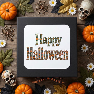 Adesivo Quadrado Feliz Halloween Abóboras Ornamentais Florais Botân