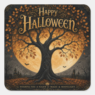 Adesivo Quadrado Feliz Halloween Árvore Assustadora Lua Cheia Gótic
