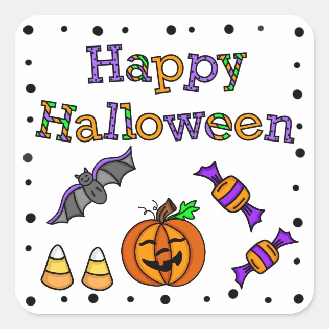 Adesivo Quadrado Feliz Halloween Bat Pumpkin Candy Corn (Frente)