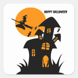 Adesivo Quadrado Feliz Halloween Bruxa assombrada casa