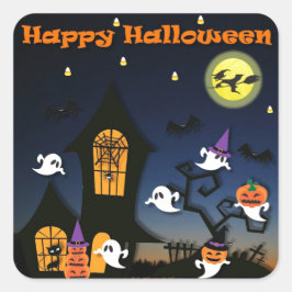 Adesivo Quadrado Feliz Halloween, Casa Assombrada