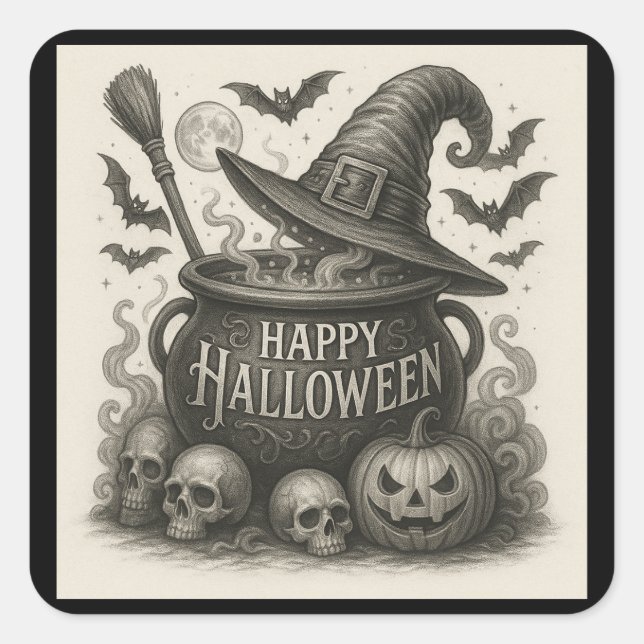 Adesivo Quadrado Feliz Halloween Cauldron Stickers (Frente)