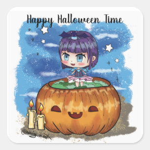 Adesivo Quadrado Feliz Halloween Chibi Pumpkin