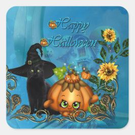 Adesivo Quadrado Feliz Halloween com gato engraçado