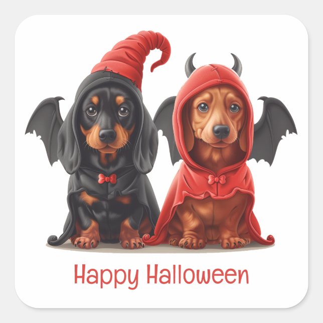Adesivo Quadrado Feliz Halloween Dachshund Dogs Devil Bat (Frente)