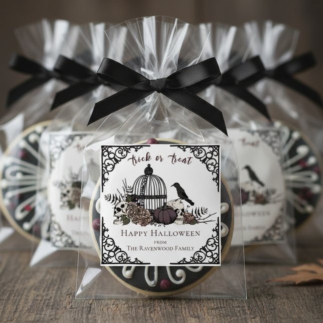 Adesivo Quadrado Feliz Halloween Elegante, Negro e Branco (Chic Gothic Happy Halloween White Sticker for Fall Party or Trick or Treat Favors. Floral Birdcage)