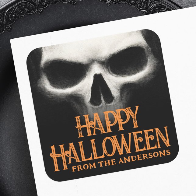 Adesivo Quadrado Feliz Halloween fantasma assustador caveira preto  (Happy Halloween creepy ghost skull black orange Square Sticker)