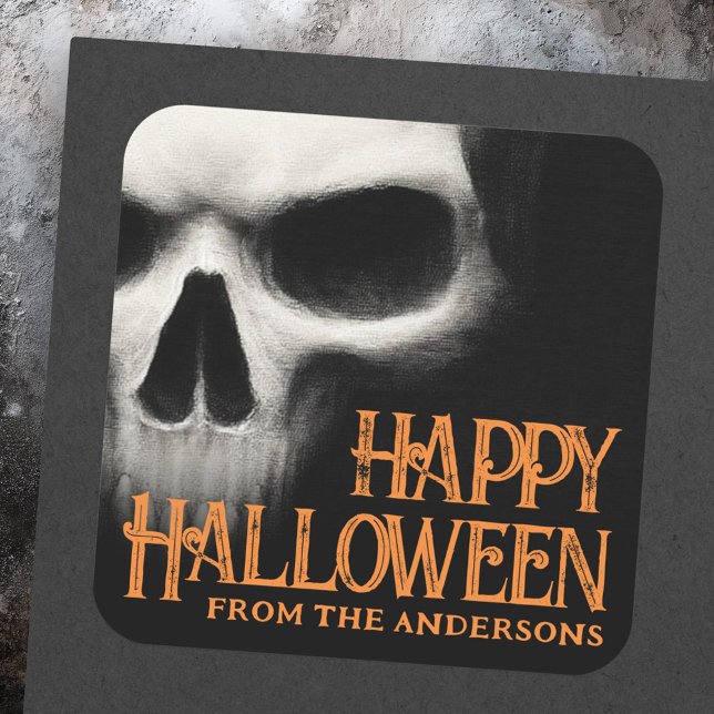 Adesivo Quadrado Feliz Halloween fantasma sinistro caveira preto la (Happy Halloween creepy ghost skull black orange Square Sticker)