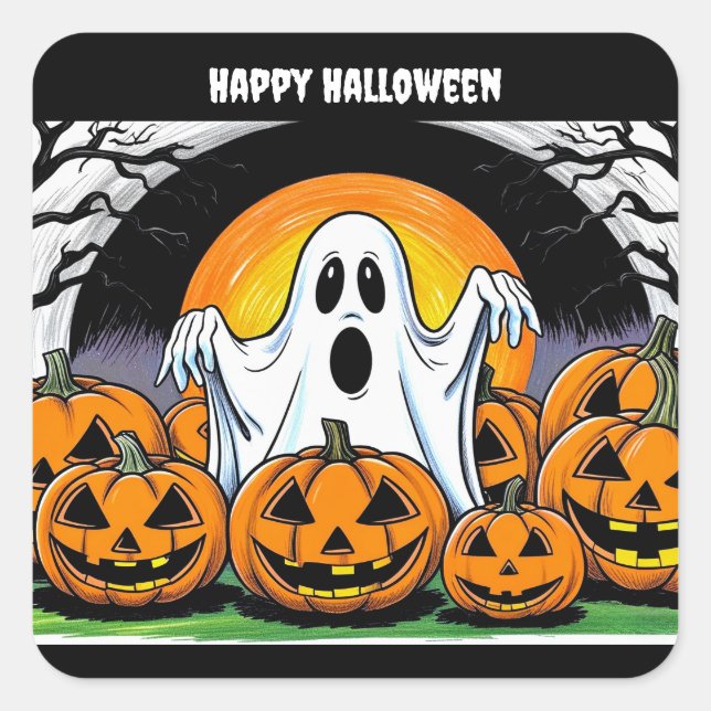 Adesivo Quadrado Feliz Halloween Ghost (Frente)