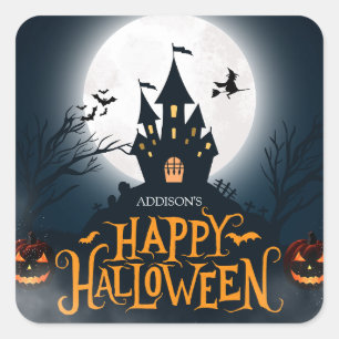 Adesivo Quadrado Feliz Halloween Ilustrado em Preto e Laranja