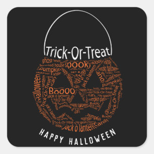Adesivo Quadrado Feliz Halloween Jack O Lanterna Word Art Laranja