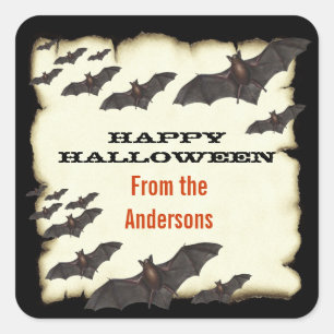 Adesivo Quadrado Feliz Halloween Morcegos e Pergaminho Queimado