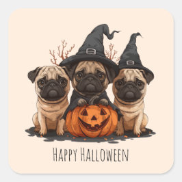 Adesivo Quadrado Feliz Halloween Pugs Jack O Lanternas