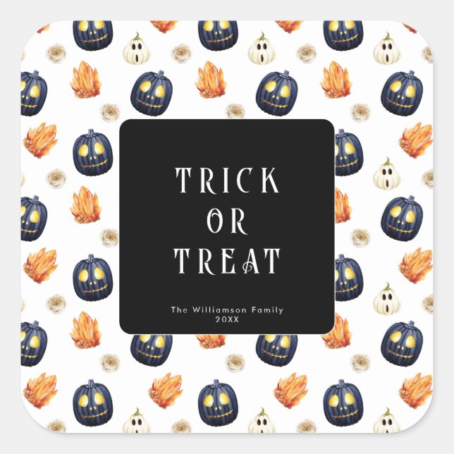 Adesivo Quadrado Feliz Halloween Spooky Samhain Pumpkins Crystals (Frente)