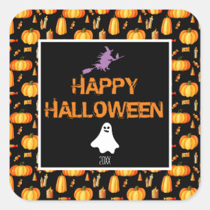 Adesivo Quadrado Feliz Halloween W/Pumpkins Witold e Ghost