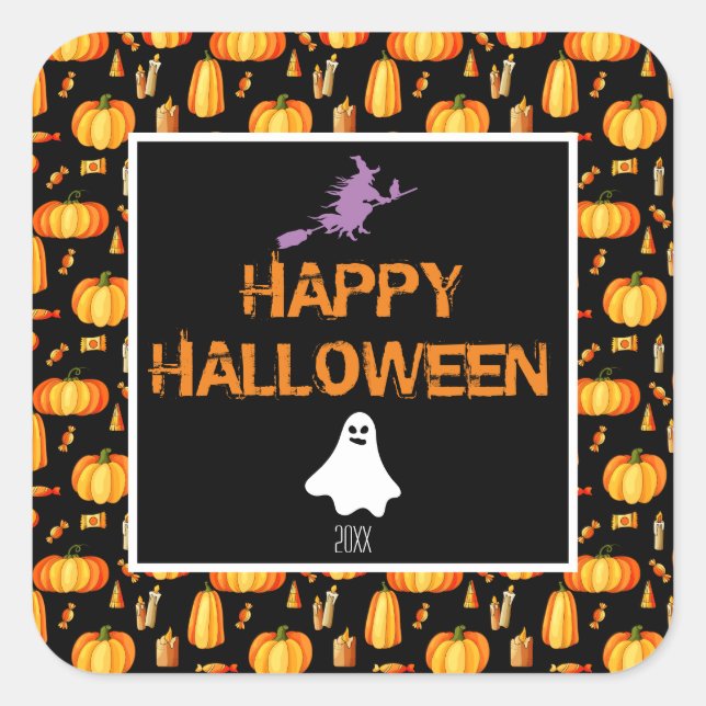 Adesivo Quadrado Feliz Halloween W/Pumpkins Witold e Ghost (Frente)