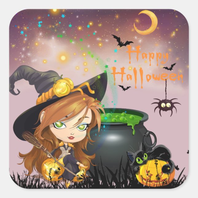 Adesivo Quadrado Feliz Halloween Witch Brew e Pumpkins (Frente)