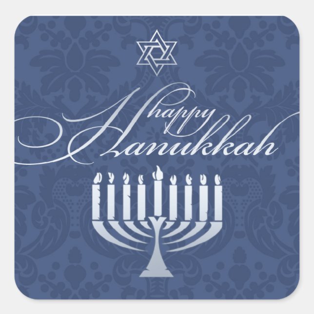 Adesivo Quadrado Feliz Hanukkah com Menorah Sticker (Frente)