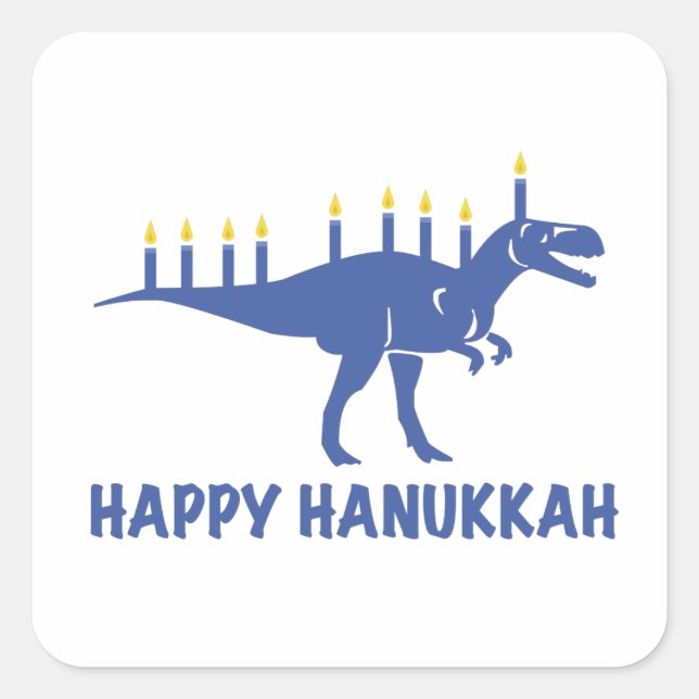 Adesivo Quadrado Feliz Hanukkah Dinossaur Menorah Candle (Frente)
