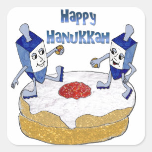 Adesivo Quadrado Feliz Hanukkah Dreidels Dançantes Donut de Geléia