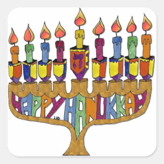 Adesivo Quadrado Feliz Hanukkah Dreidels Menorá
