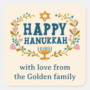 Adesivo Quadrado FELIZ HANUKKAH, Feriado floral judaico
