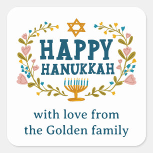 Adesivo Quadrado FELIZ HANUKKAH, Feriado floral judaico