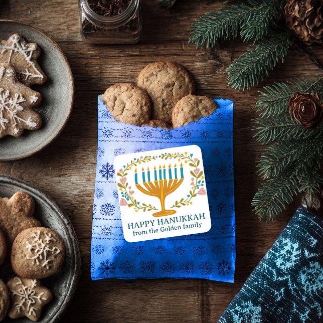 Adesivo Quadrado FELIZ HANUKKAH, Feriado floral judaico (HAPPY HANUKKAH floral wreath Jewish Holiday CUSTOM Square Sticker
)
